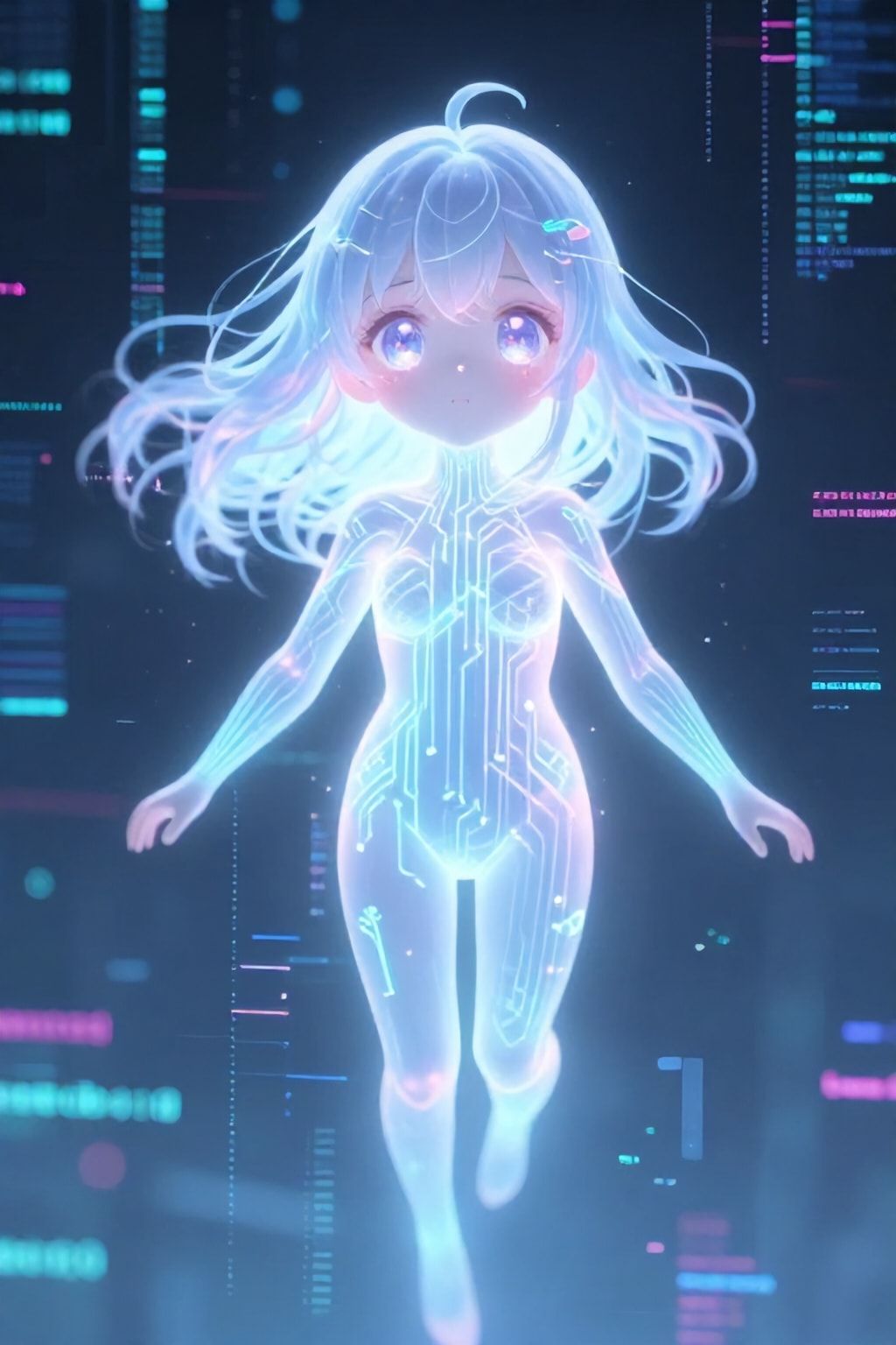 A glowing, ethereal anime girl with neon-blue circuits pulsing through her translucent skin floats in a vast digital void, her oversized kawaii eyes reflecting fractured code. Soft pastel hues blen...