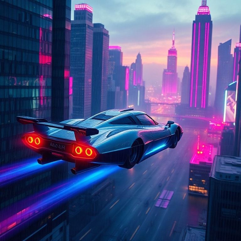 A sleek, silver flying car with glowing blue underlights soars through a rain-soaked neon metropolis at dusk, skyscrapers reflecting vibrant pink and purple hues. Synthwave-inspired, cinematic comp...