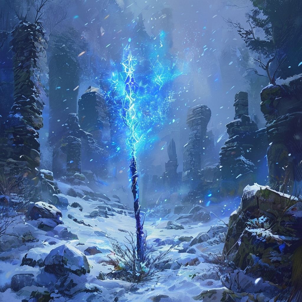 Icy runes shimmer faintly along the staff and in the air around him. Deep blue winter fog surrounds the scene, drifting through snow-covered ground and distant stone ruins