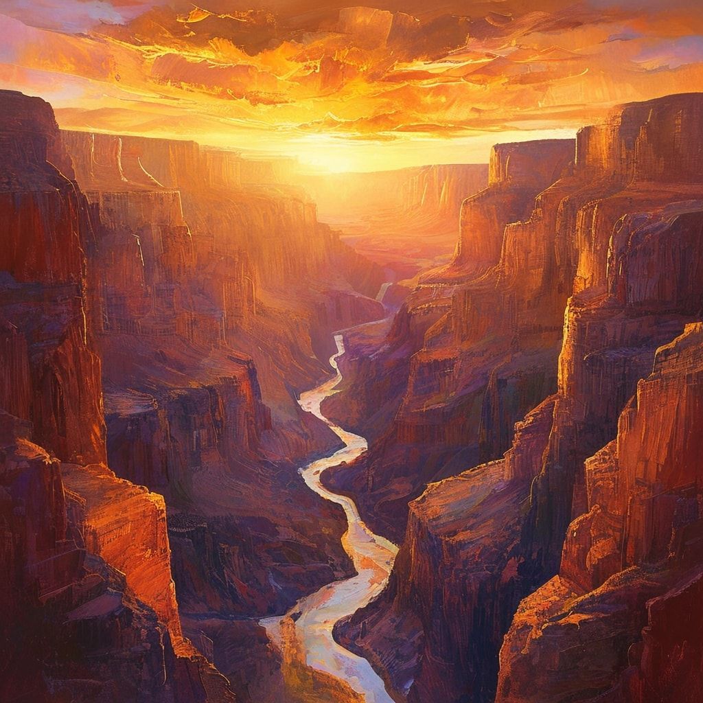 A vast, rugged canyon bathed in the warm, golden glow of a setting sun, its jagged cliffs and winding river illuminated by the soft, diffused light. The sky is a vibrant blend of fiery oranges, dee...