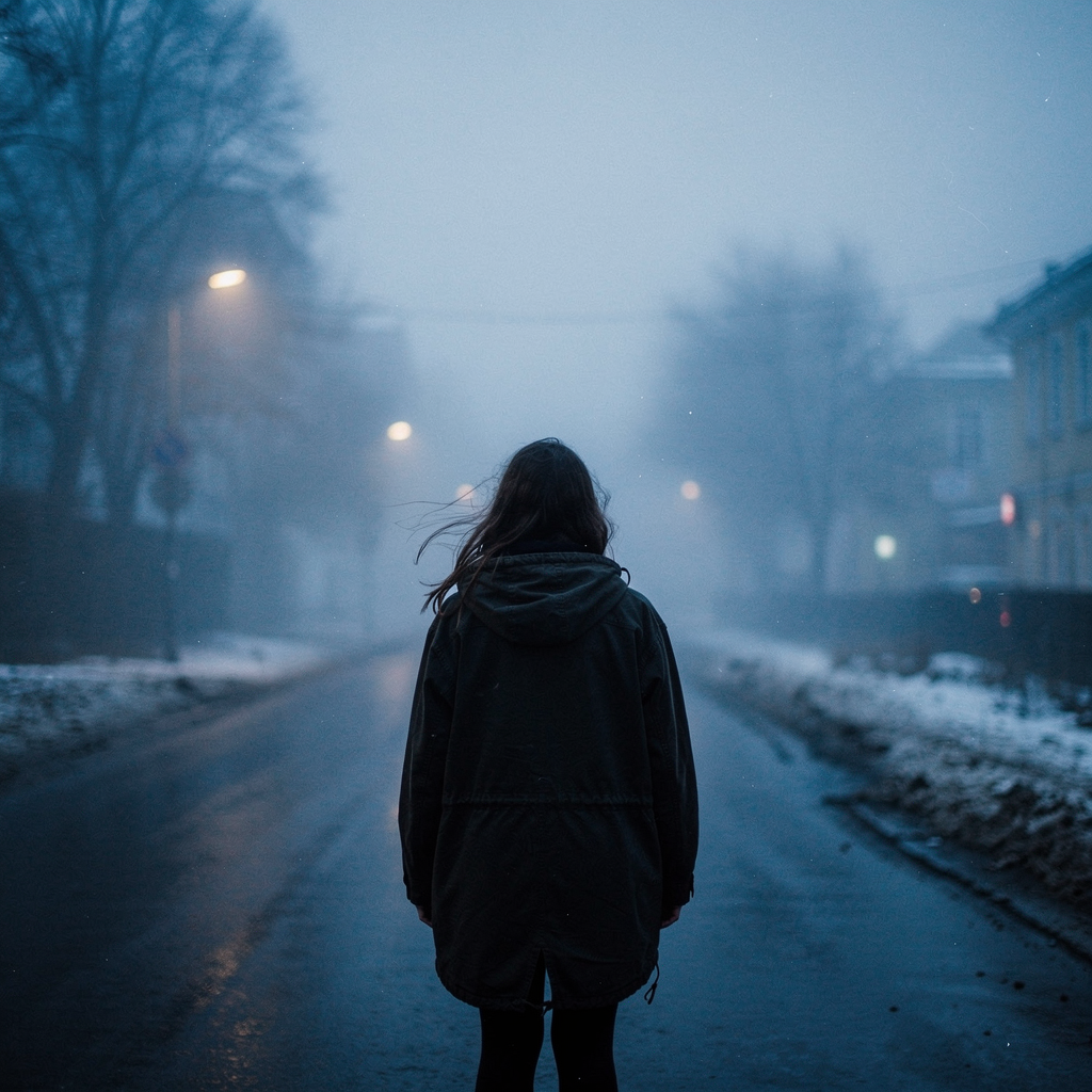 A girl with her back turned stands in a jacket on a winter road, an atmosphere of melancholy, loneliness and blue fog everywhere, as in dark ambient