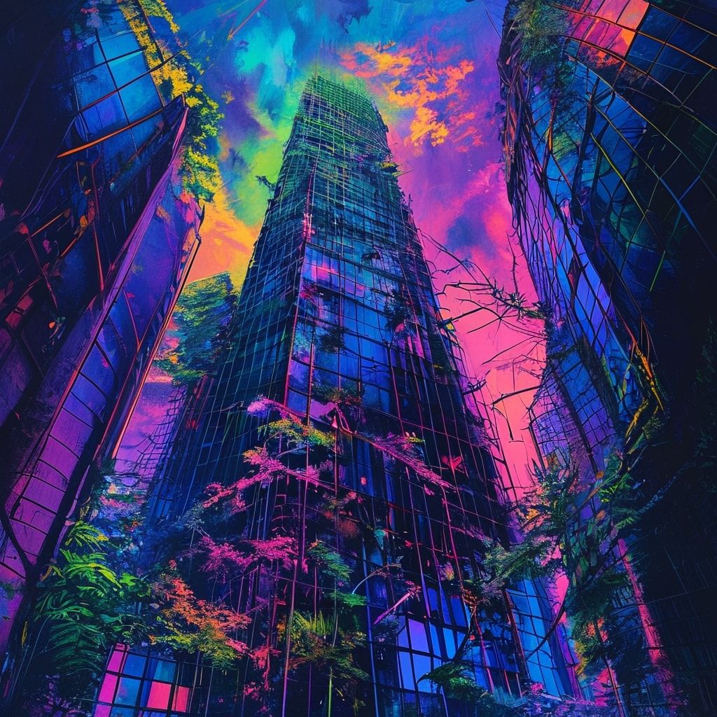 A towering, vine-choked skyscraper looms under a neon-lit twilight, its fractured glass reflecting psychedelic hues. Bold pop art strokes exaggerate jagged edges and wild foliage bursting from shat...