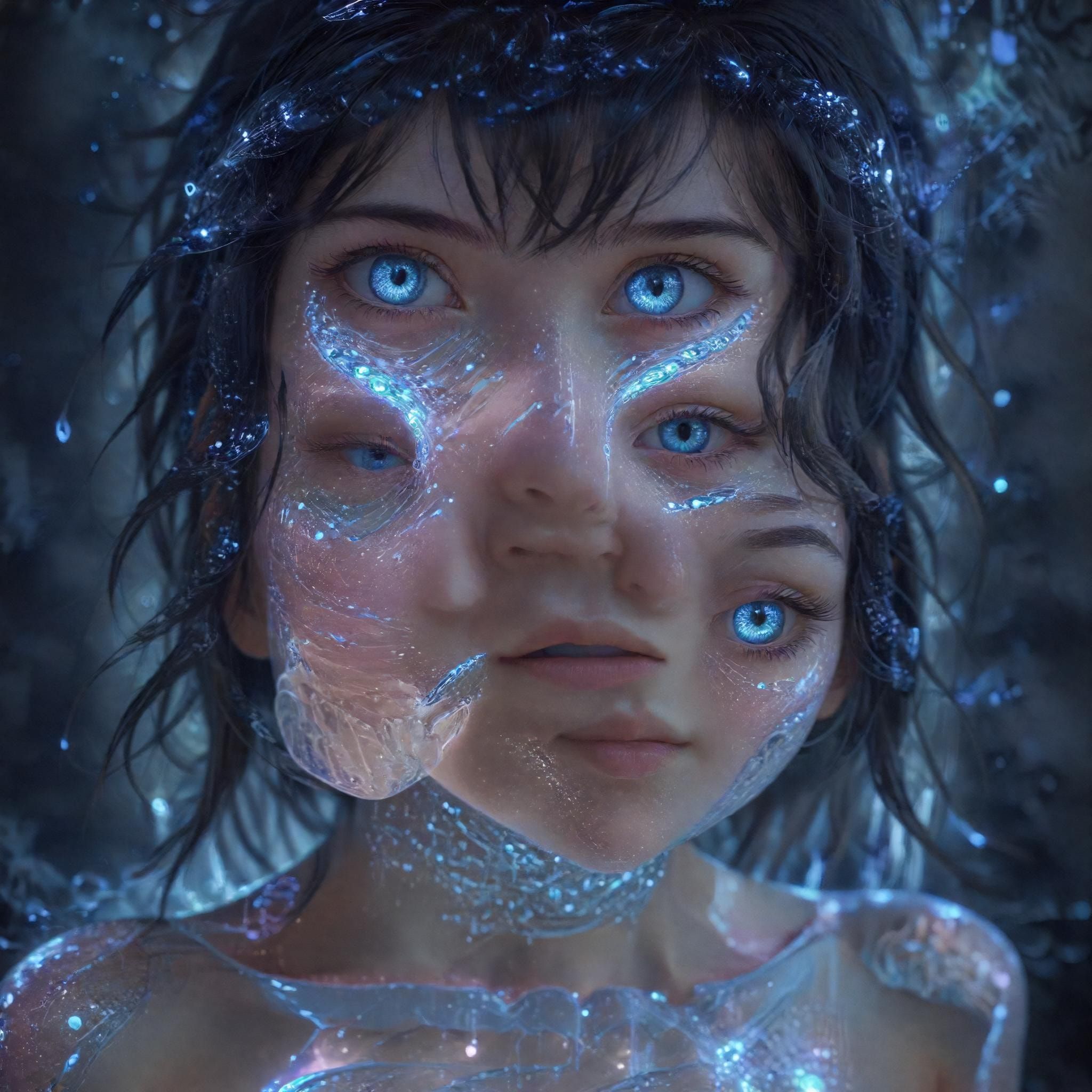 A glowing, ethereal anime girl with neon-blue circuits pulsing through her translucent skin floats in a vast digital void, her oversized kawaii eyes reflecting fractured code. Soft pastel hues blen...