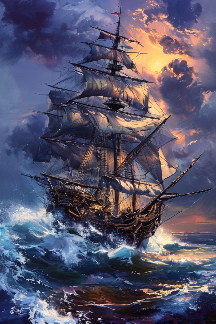 A towering pirate ship with tattered sails battles a raging storm under a bruised twilight sky, waves crashing violently against its weathered hull. Gouache painting style, opaque and vibrant, with...