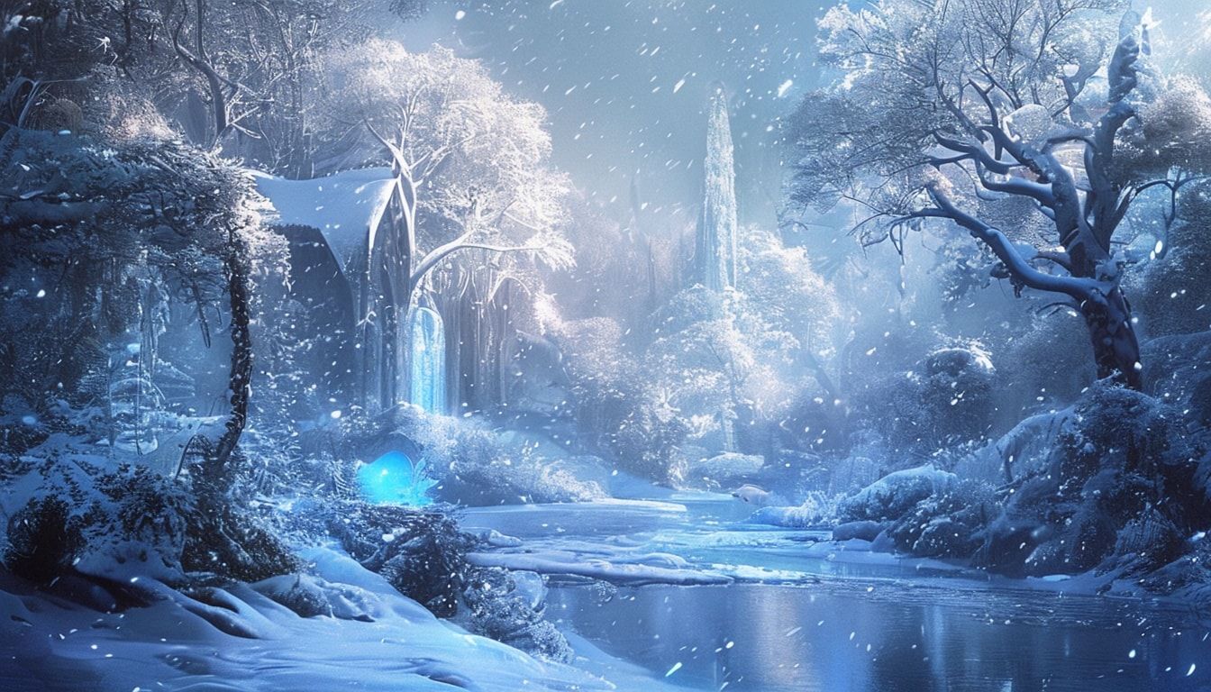 Elven eternal winter fantasy landscape, mystical forest covered in pristine snow, crystal trees glistening with frost, frozen river with ice formations, gentle snowfall, ethereal blue and silver lighting, ancient elven architecture partially visible through snow, soft pastel winter colors, magical atmosphere, cinematic composition, fantasy art style, peaceful and serene mood, detailed and atmospheric, mystical glowing lights in the distance
