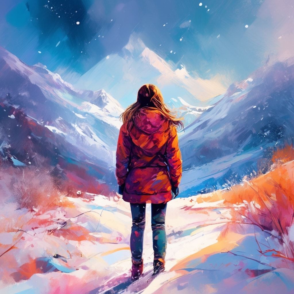 A girl standing with her back to the viewer in a winter ледяная valley. She is looking into the distance.