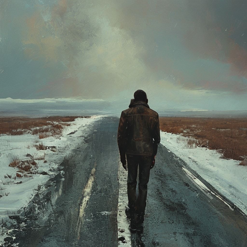 A solitary figure in a worn leather jacket stands motionless on a desolate winter road, her back turned to the viewer, shoulders slightly hunched against the biting cold. The path stretches endless...