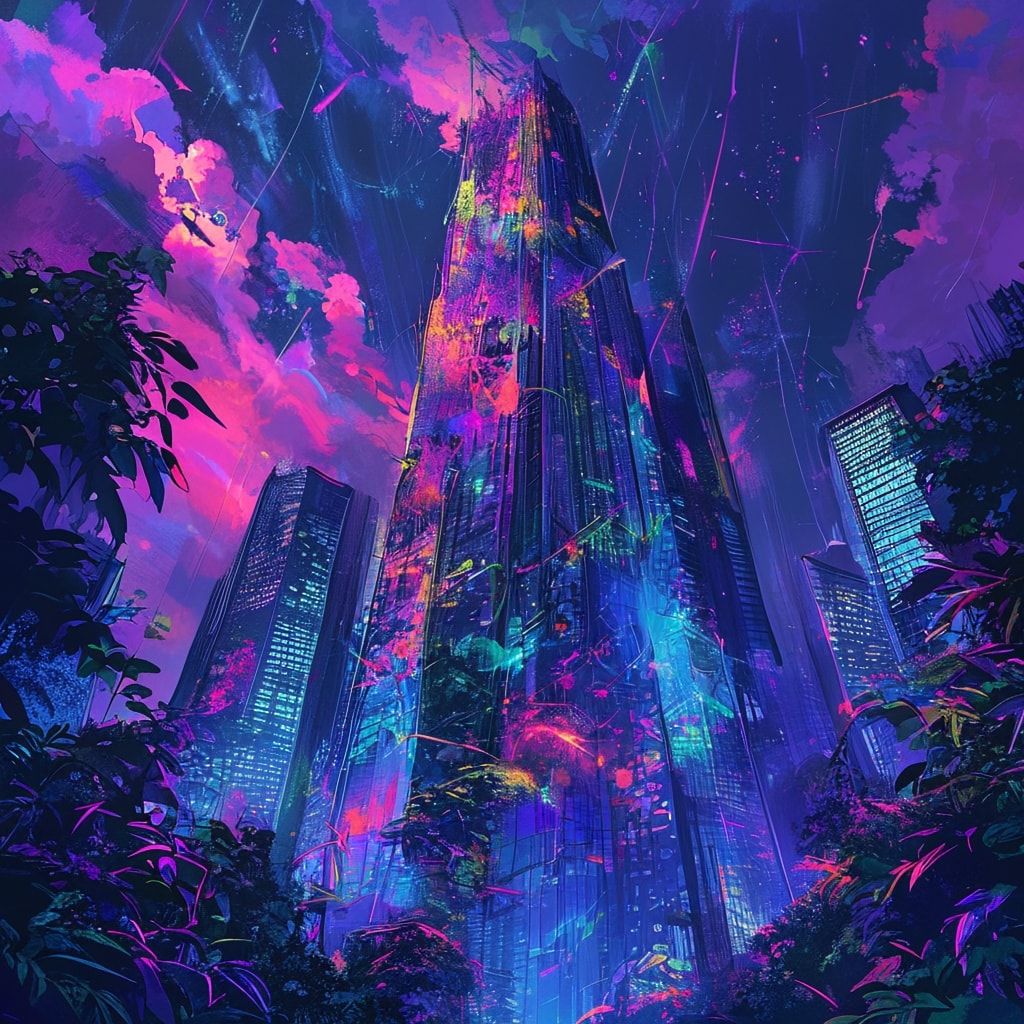 A towering, vine-choked skyscraper looms under a neon-lit twilight, its fractured glass reflecting psychedelic hues. Bold pop art strokes exaggerate jagged edges and wild foliage bursting from shat...