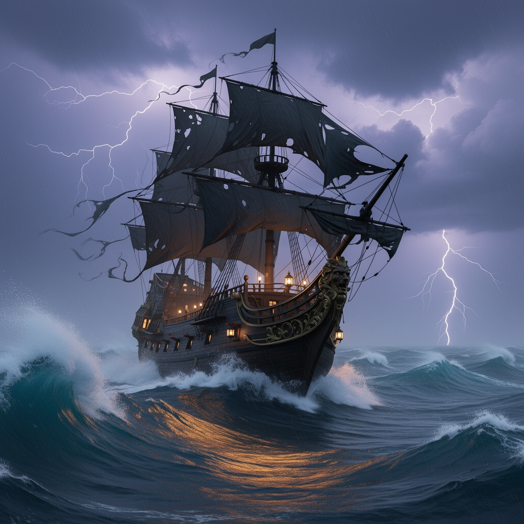 A majestic pirate ship with tattered sails battles towering waves under a stormy twilight sky, lightning flickering in the distance. Soft, ethereal brushstrokes blend the turbulent sea with misty h...