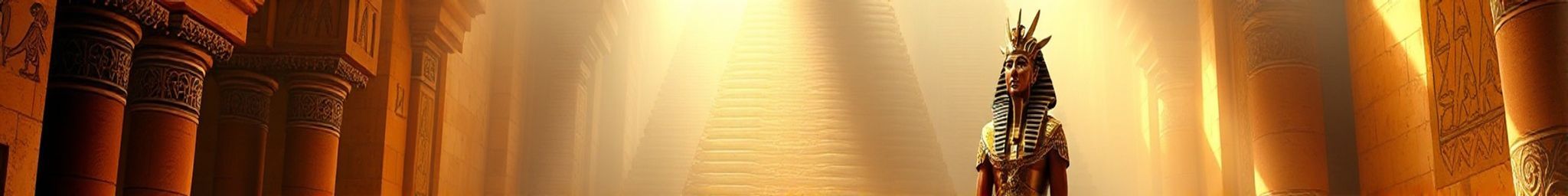 A majestic Egyptian pharaoh, adorned in golden regalia and a towering nemes headdress, stands in contemplation within the grand chamber of an ancient pyramid, bathed in soft, ethereal light filteri...