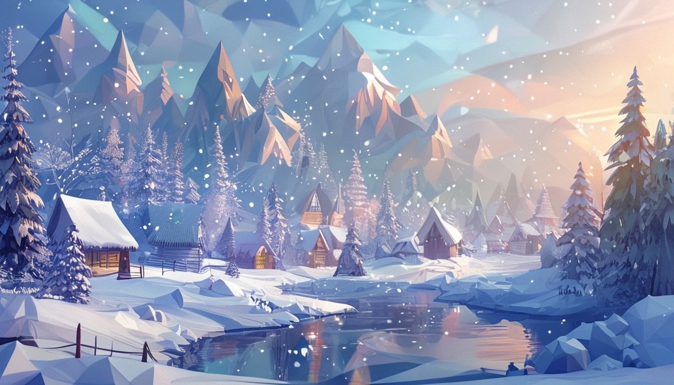 Fantasy landscape low poly winter village