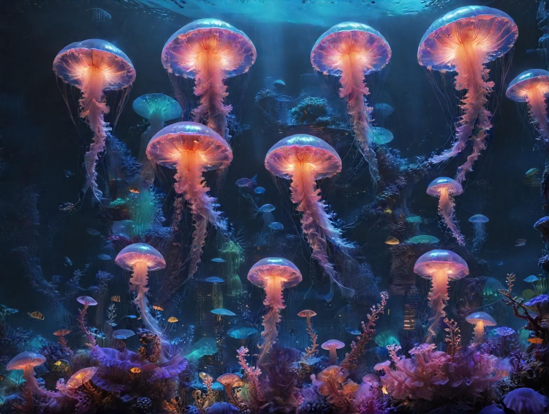 A sprawling underwater metropolis bathed in ethereal bioluminescent glow, where towering coral skyscrapers pulse with neon hues, as graceful jellyfish-like creatures drift through floating gardens,...