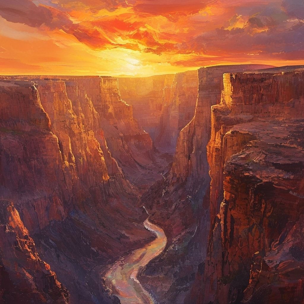 A vast, rugged canyon bathed in the warm, golden glow of a setting sun, its jagged cliffs and winding river illuminated by the soft, diffused light. The sky is a vibrant blend of fiery oranges, dee...