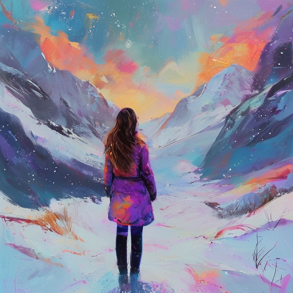 A girl standing with her back to the viewer in a winter ледяная valley. She is looking into the distance.