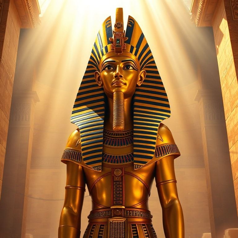 A majestic Egyptian pharaoh, adorned in golden regalia and a towering nemes headdress, stands in contemplation within the grand chamber of an ancient pyramid, bathed in soft, ethereal light filteri...