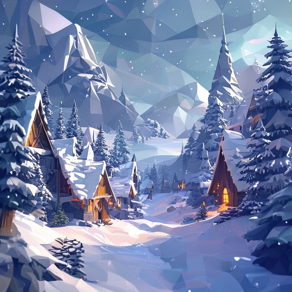 Fantasy landscape low poly winter village