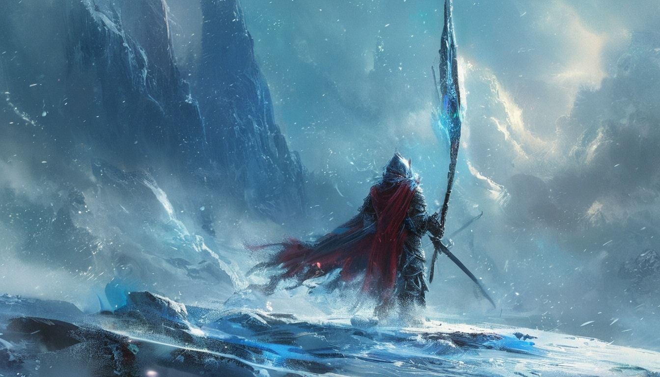 warrior-mage stands in a frozen landscape