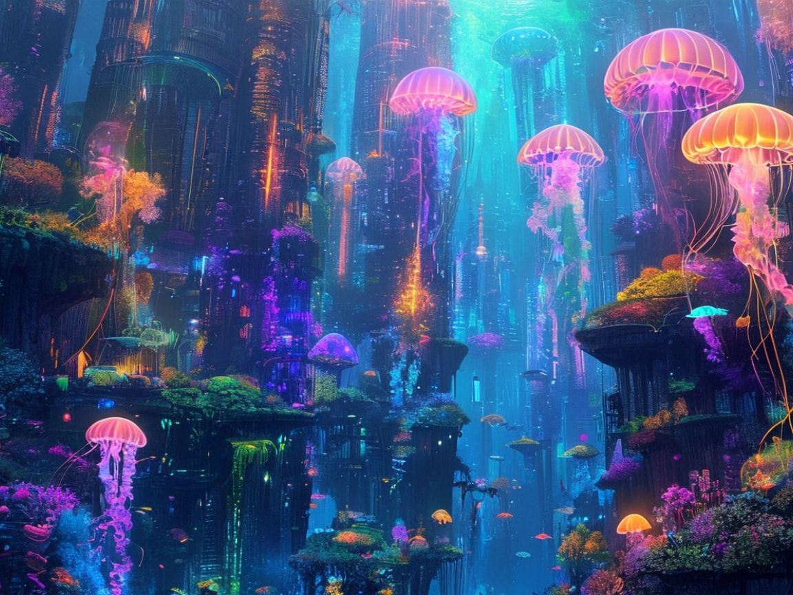 A sprawling underwater metropolis bathed in ethereal bioluminescent glow, where towering coral skyscrapers pulse with neon hues, as graceful jellyfish-like creatures drift through floating gardens,...