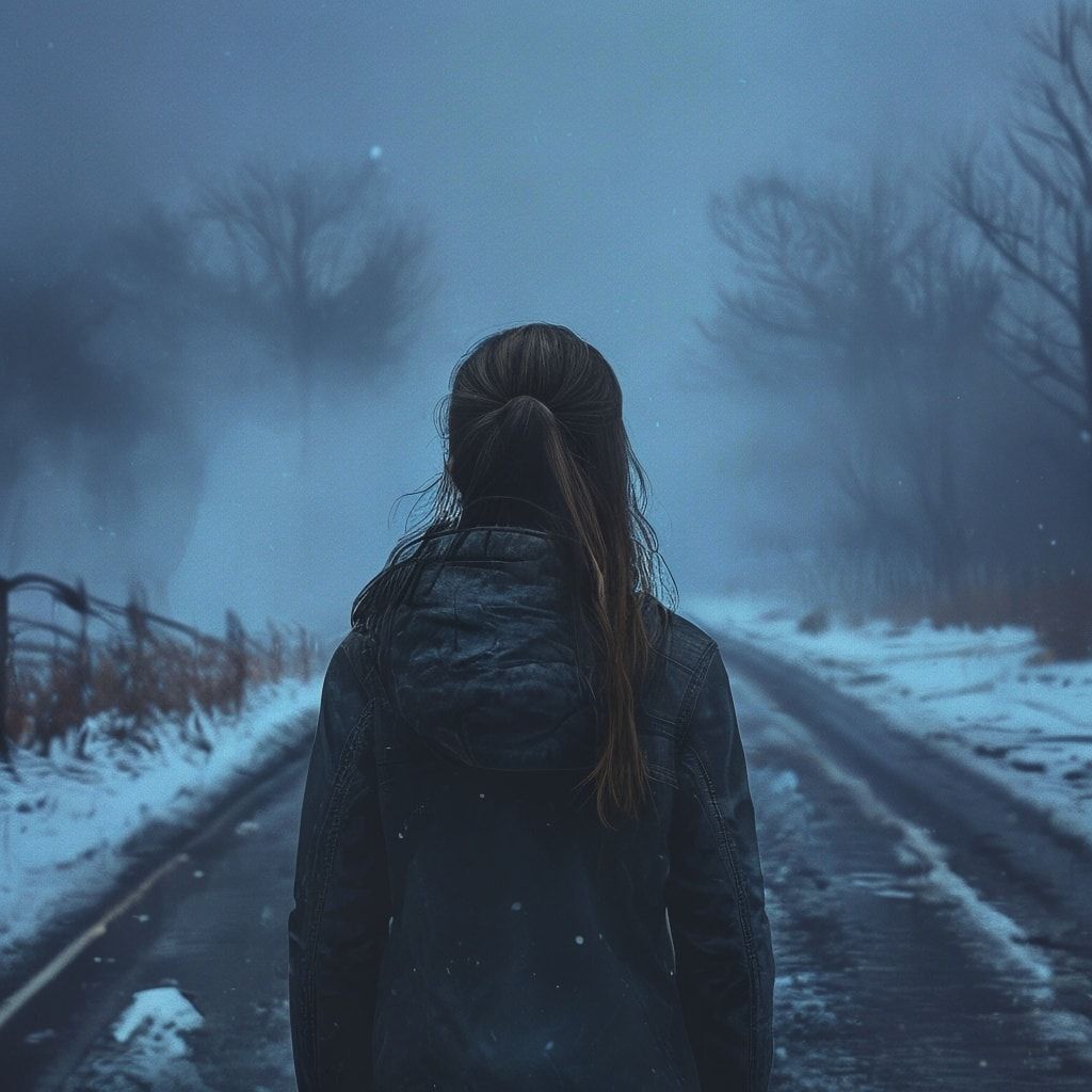 A girl with her back turned stands in a jacket on a winter road, an atmosphere of melancholy, loneliness and blue fog everywhere, as in dark ambient