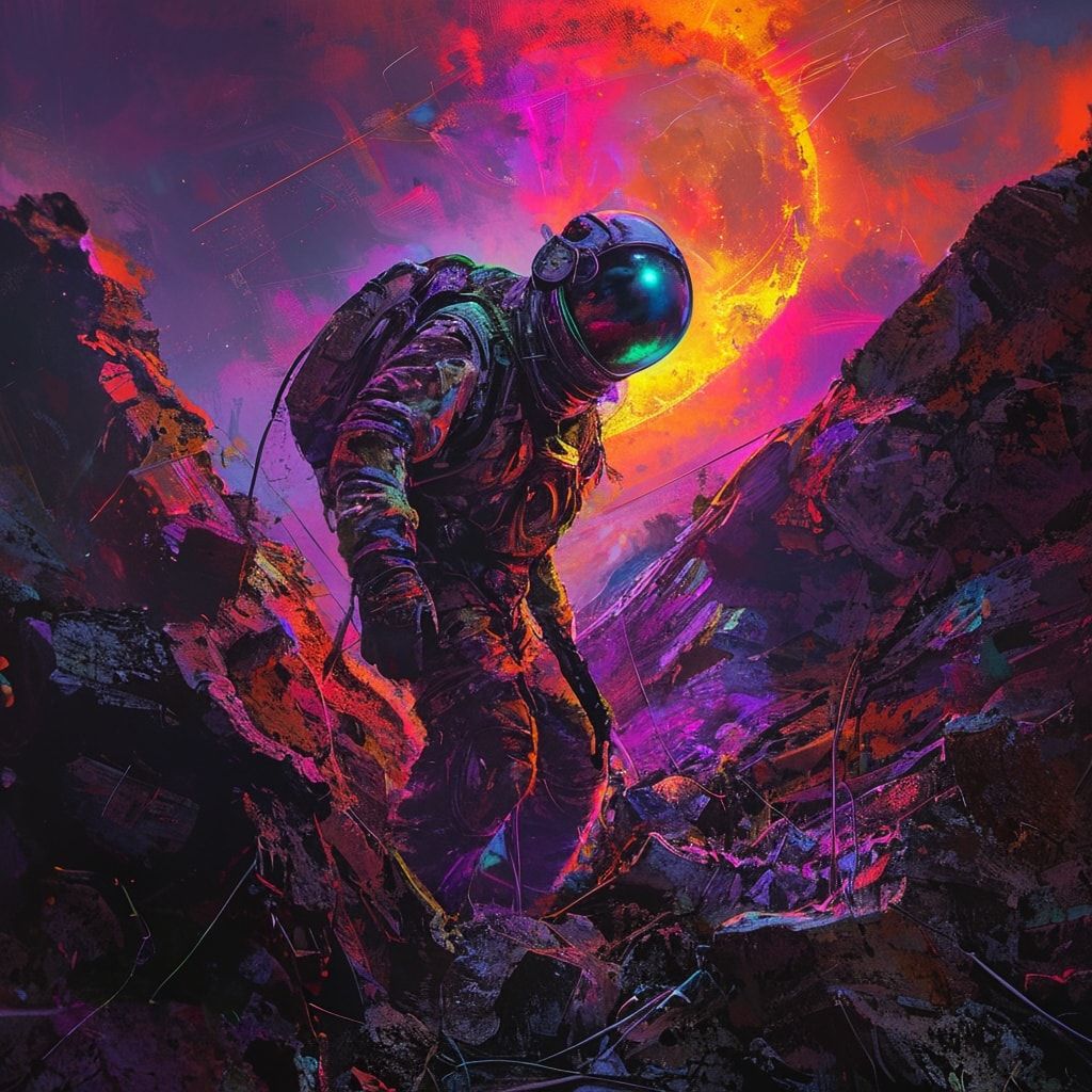 A lone scavenger in a tattered pressure suit picks through towering heaps of rusted alien wreckage under the eerie glow of a dying binary star, their helmet visor reflecting fractured neon hues. Th...