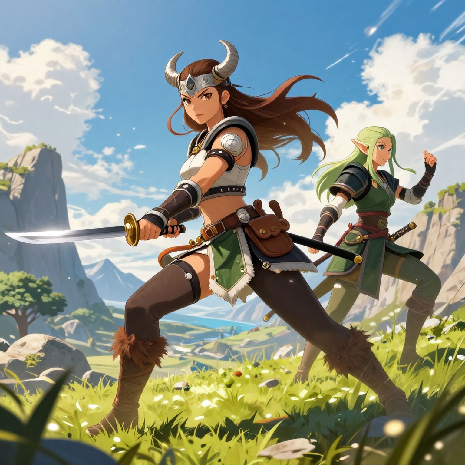 girl viking with girl elf wither landscape warrior samurai katana