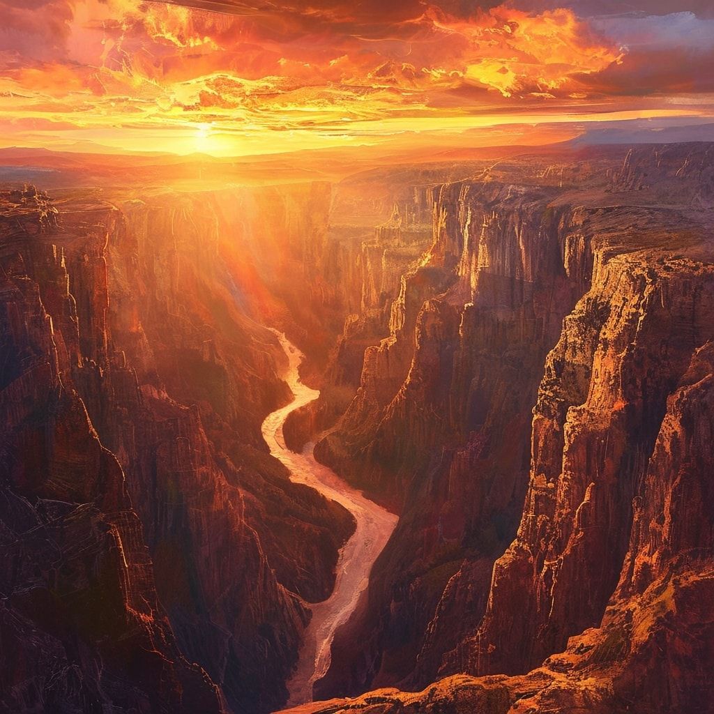 A vast, rugged canyon bathed in the warm, golden glow of a setting sun, its jagged cliffs and winding river illuminated by the soft, diffused light. The sky is a vibrant blend of fiery oranges, dee...