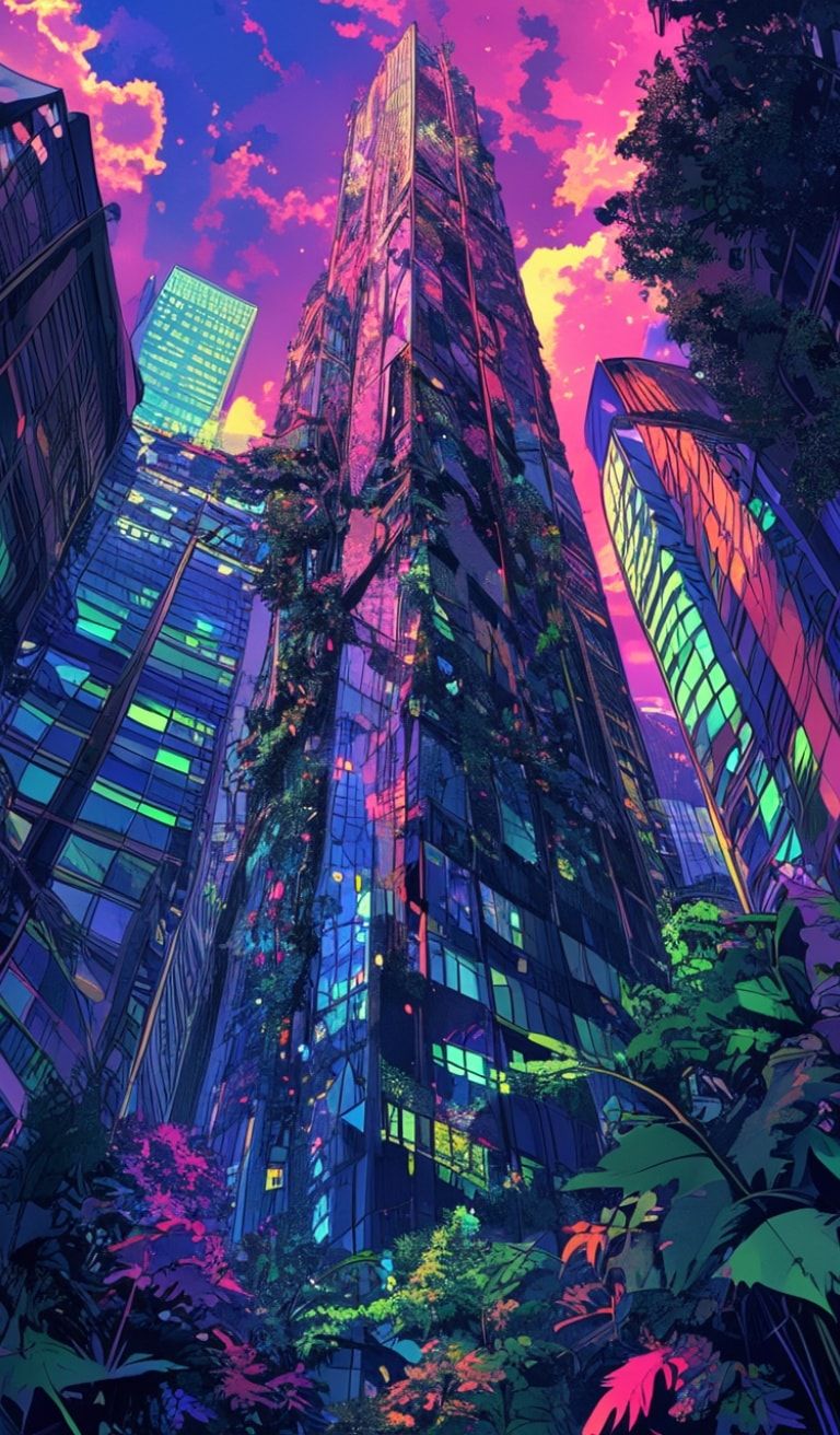 A towering, vine-choked skyscraper looms under a neon-lit twilight, its fractured glass reflecting psychedelic hues. Bold pop art strokes exaggerate jagged edges and wild foliage bursting from shat...