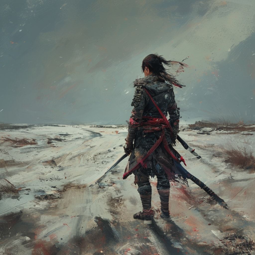 A solitary figure girl vinking with orc and so katana samurai in a worn leather jacket stands motionless on a desolate winter road, her back turned to the viewer, shoulders slightly hunched against the biting cold. The path stretches endless...