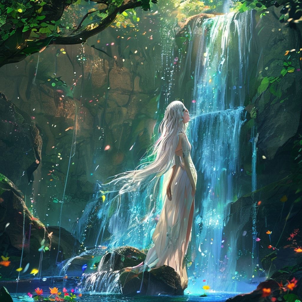 Elven sacred waterfall fantasy landscape, beautiful elven maiden with long flowing silver hair standing gracefully near mystical waterfall in sacred grove, crystal-clear water cascading down ancient rocks, rainbow mist rising from waterfall, ethereal light filtering through ancient trees, glowing flowers surrounding the sacred pool, mystical energy particles floating in air, ancient elven architecture visible in background, ethereal blue and green lighting, magical atmosphere, cinematic composition, cartoon style, anime art style, fantasy art style, peaceful and mystical mood, detailed and atmospheric, mystical glowing vines, dewdrops on leaves, elegant elven woman in flowing white dress, serene expression, ethereal beauty, animated style, vibrant colors