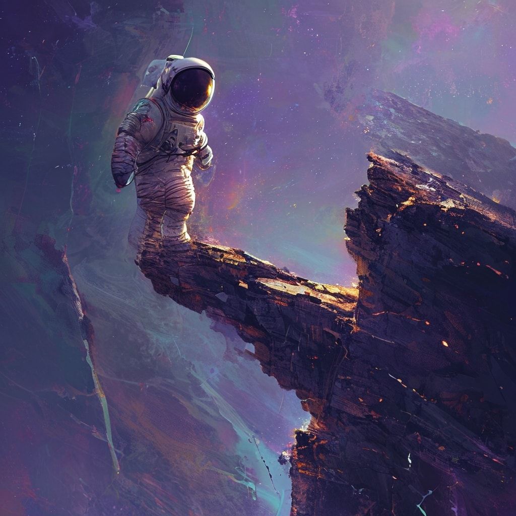A lone astronaut in a battered, retro-futuristic spacesuit stands precariously on the fractured edge of an otherworldly cliff, its jagged rock formations glowing faintly under the eerie light of a ...