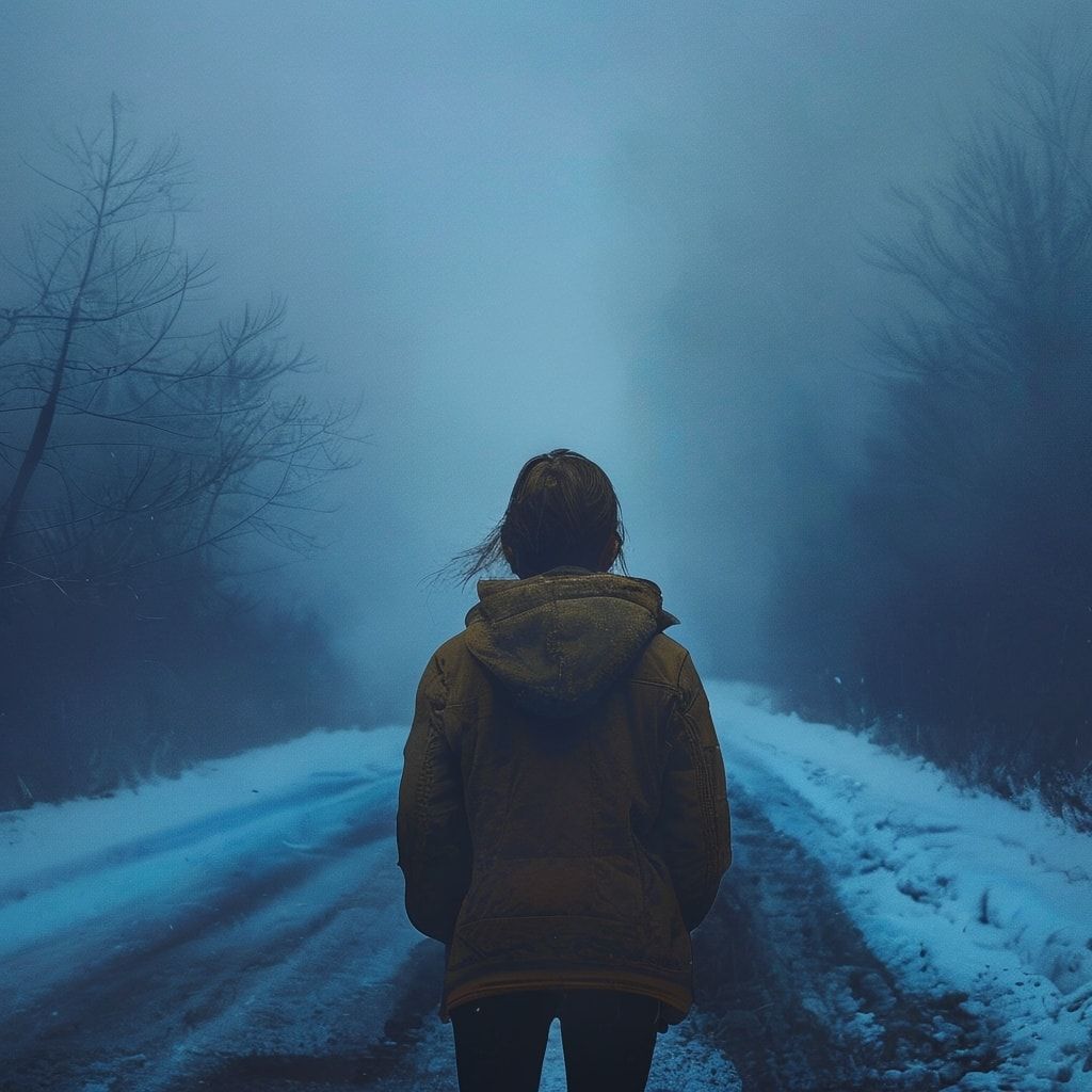 A girl with her back turned stands in a jacket on a winter road, an atmosphere of melancholy, loneliness and blue fog everywhere, as in dark ambient