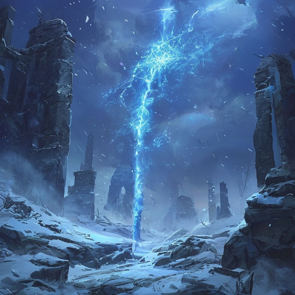 Icy runes shimmer faintly along the staff and in the air around him. Deep blue winter fog surrounds the scene, drifting through snow-covered ground and distant stone ruins