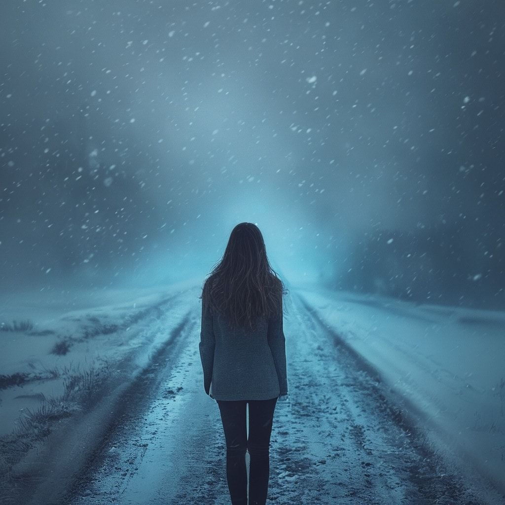 A young woman stands with her back turned, facing away from the viewer, on a desolate winter road covered in fresh snow. The road stretches into the distance, disappearing into a mysterious blue fog that looms ahead, creating an ethereal and atmospheric scene. The ambient lighting is soft and diffused, with cool blue and white tones dominating the palette. Snowflakes gently fall, adding to the dreamlike quality. The fog has a luminous blue glow, creating depth and mystery. The composition is cinematic and moody, with the woman as a silhouette against the winter landscape. The style is ambient and atmospheric, with soft focus and a