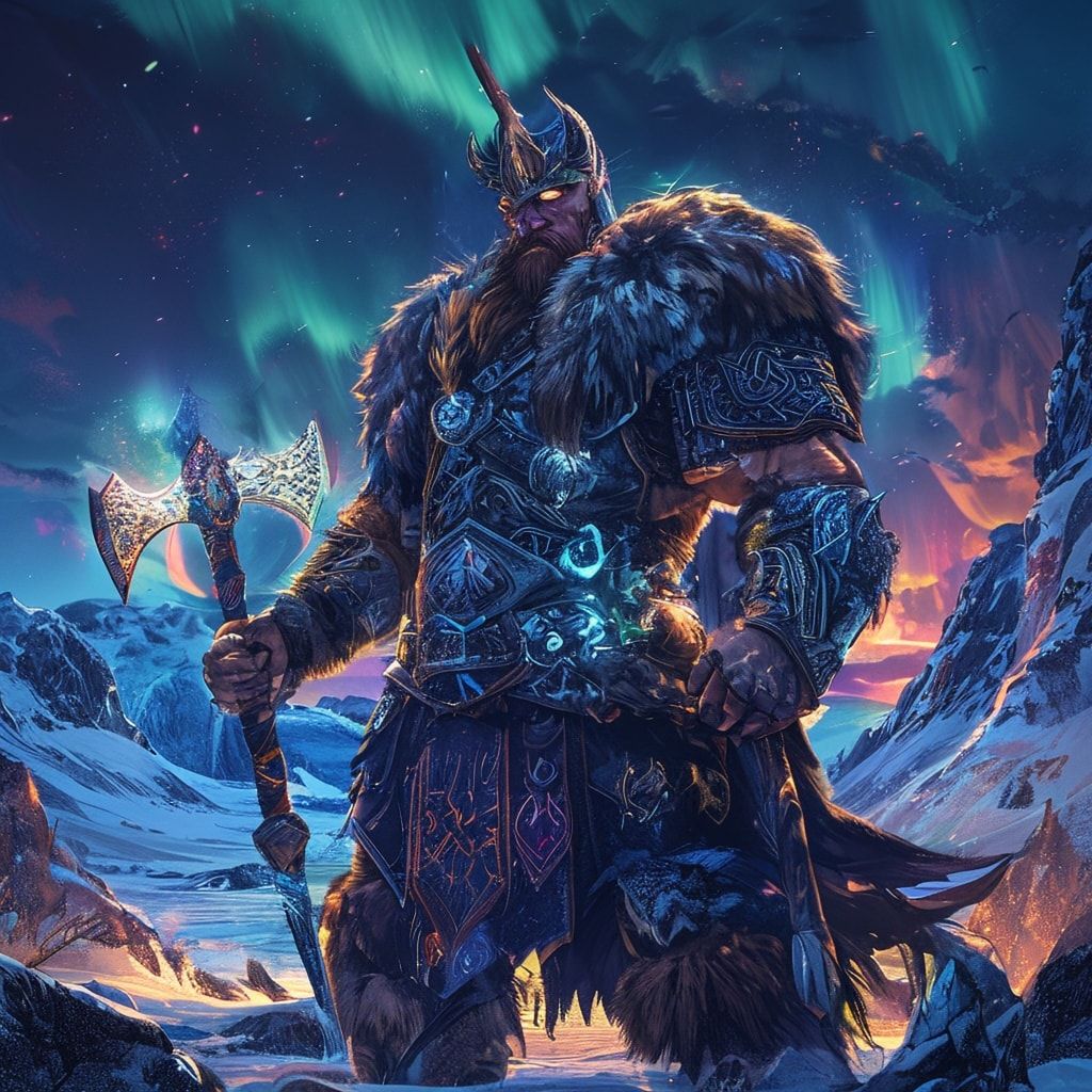 Fierce Viking warrior in fur-lined armor standing in frozen valley, holding glowing runic axe, northern lights in background, fantasy character art, detailed armor, epic pose