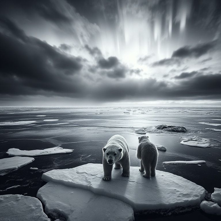 A lone polar bear stands on a fractured ice floe under a stormy Arctic sky, its fur glistening with frost, backlit by the eerie glow of a distant aurora. The high-contrast black-and-white compositi...
