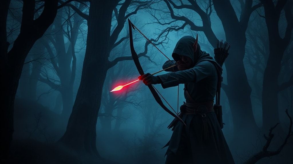 A lone elf archer, cloaked in shadow, draws a glowing arrow in the twilight woods, mist swirling around ancient trees. Noir-style high contrast lighting casts dramatic shadows, emphasizing the arch...