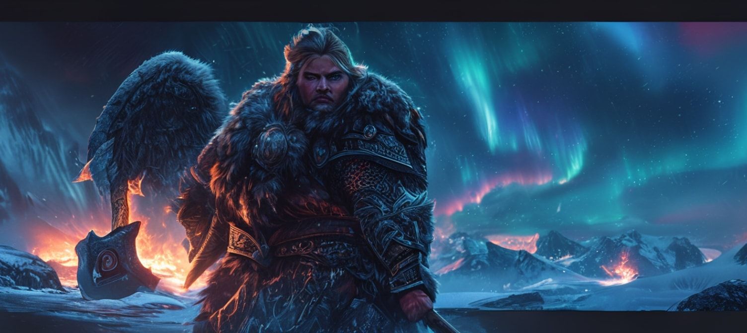 Fierce Viking warrior in fur-lined armor standing in frozen valley, holding glowing runic axe, northern lights in background, fantasy character art, detailed armor, epic pose