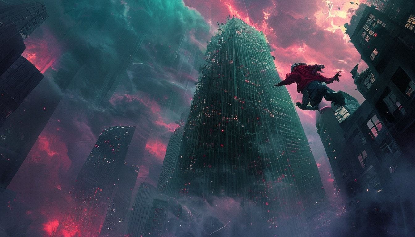 A towering, vine-choked skyscraper looms under a stormy twilight sky, its shattered windows glowing with eerie neon. A lone shonen hero, clad in a tattered red jacket, leaps between crumbling balco...