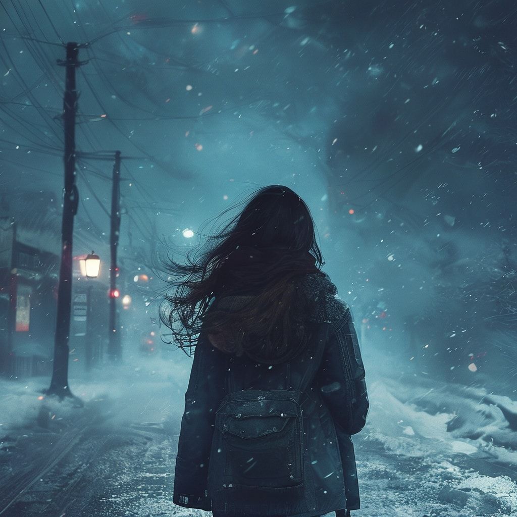 一个长头发穿着夹克，背过身的女孩站在路上看着远处，外面是冬天，深蓝色的雾，气氛就像电影里一样