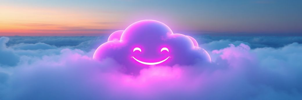 A sleek, futuristic logo of a cloud with a friendly, glowing face emerges from a soft mist, its edges shimmering with iridescent hues. The scene is set in a minimalist digital landscape at twilight...