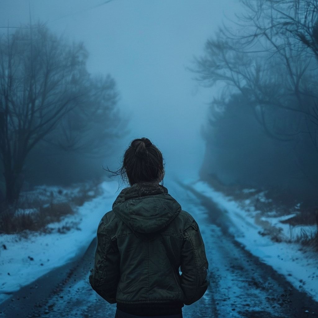 A girl with her back turned stands in a jacket on a winter road, an atmosphere of melancholy, loneliness and blue fog everywhere, as in dark ambient