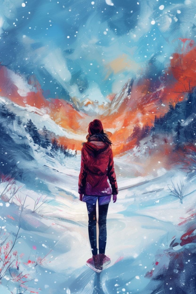 A girl standing with her back to the viewer in a winter ледяная valley. She is looking into the distance.