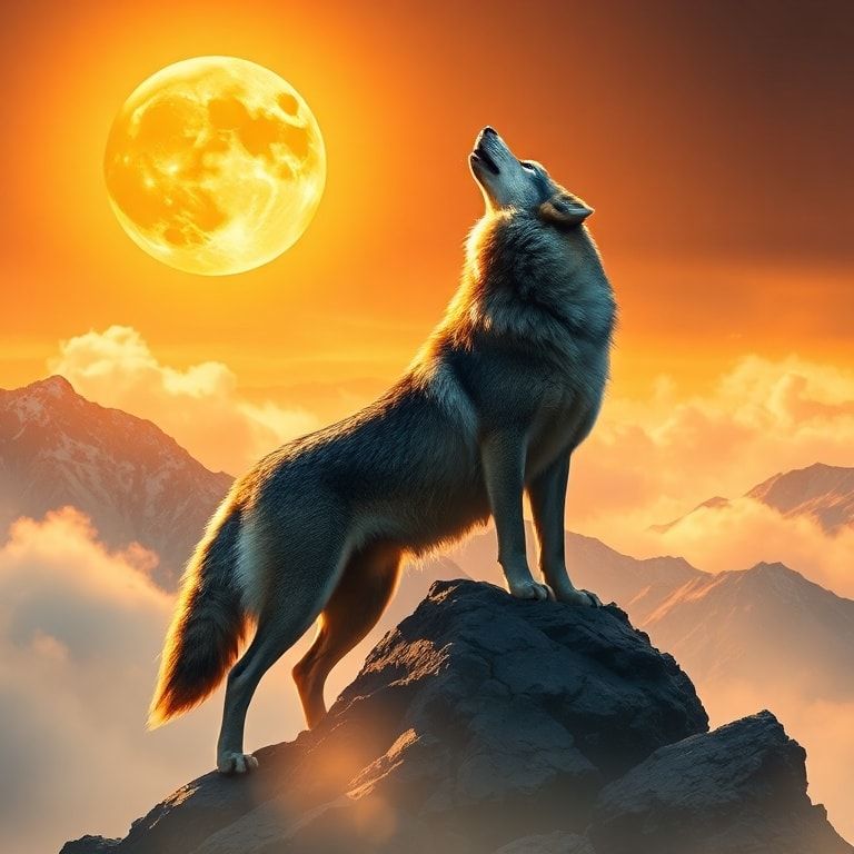 A majestic lone wolf stands atop a misty mountain ridge, head tilted back in a powerful howl under a glowing full moon, golden hour sunlight casting warm hues across the rugged landscape, vibrant a...