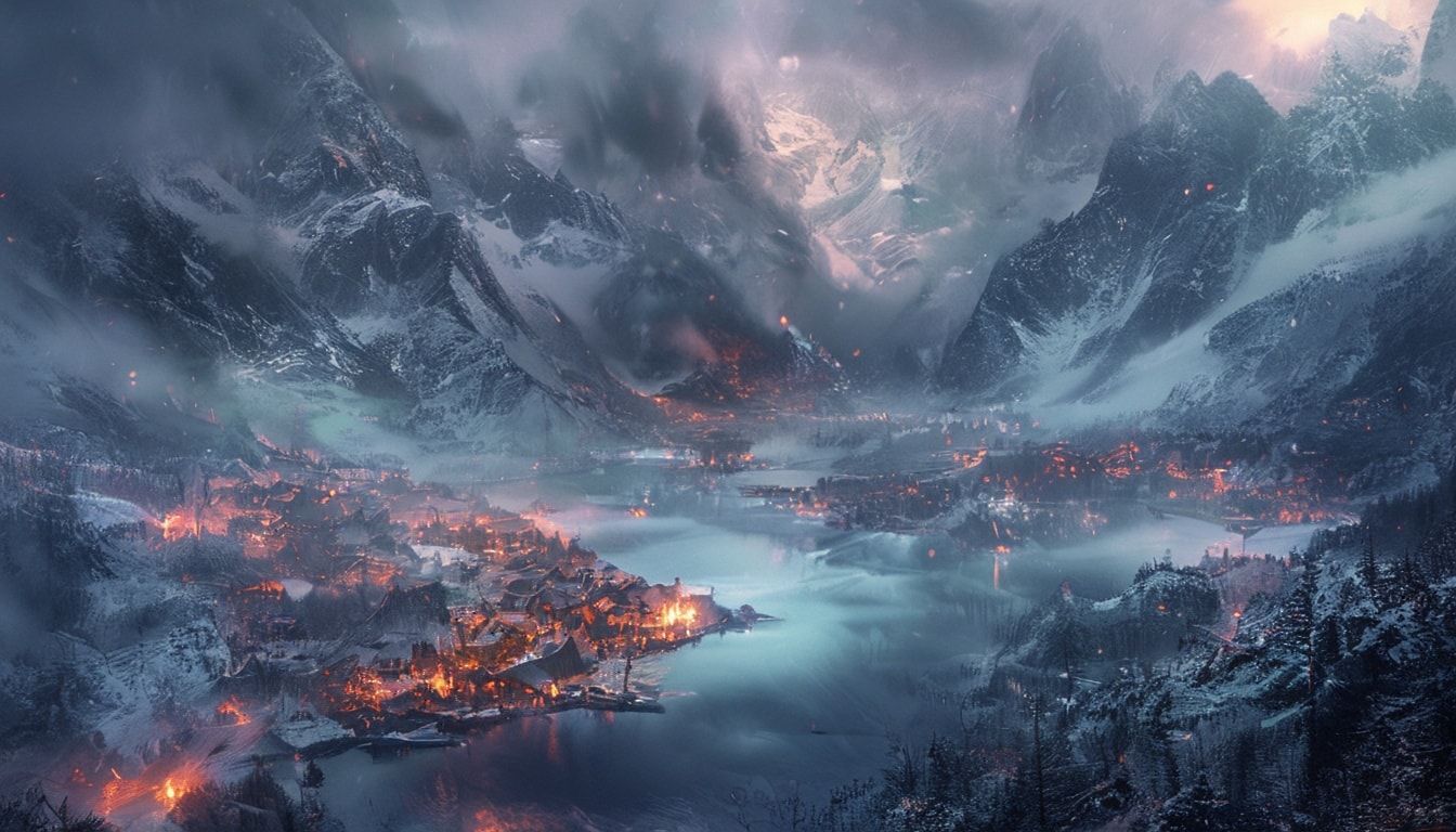 Frost-covered fjord surrounded by snow-capped mountains, Viking settlement with glowing fires, mystical fog rolling through the valley, fantasy atmosphere, detailed, atmospheric