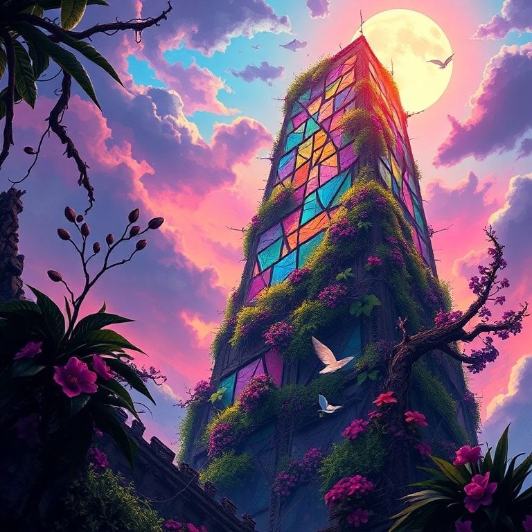A towering, vine-choked skyscraper looms under a neon-lit twilight, its fractured glass reflecting psychedelic hues. Bold pop art strokes exaggerate jagged edges and wild foliage bursting from shat...