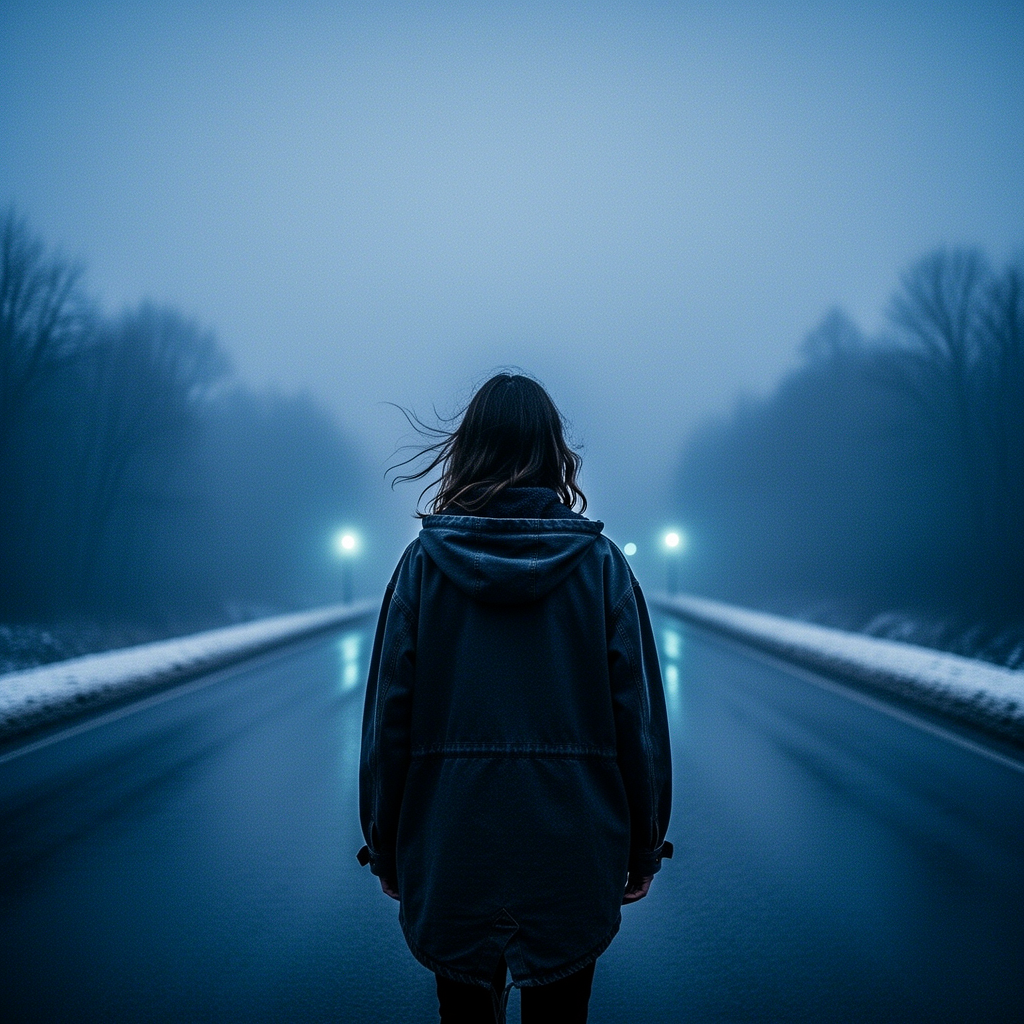 A girl with her back turned stands in a jacket on a winter road, an atmosphere of melancholy, loneliness and blue fog everywhere, as in dark ambient