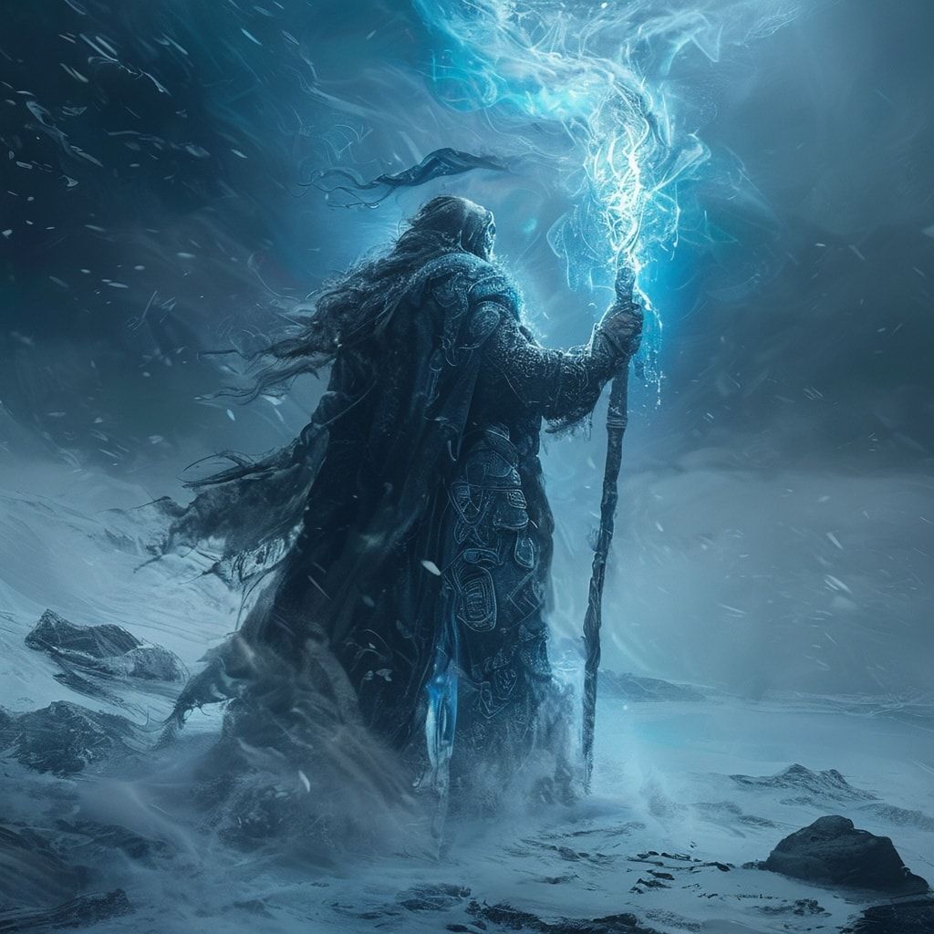 A lone Celtic warrior-mage stands in a frozen wasteland, his glowing staff carved with ancient runes casting an eerie light through the swirling blue mist. His heavy cloak billows in the icy wind, ...