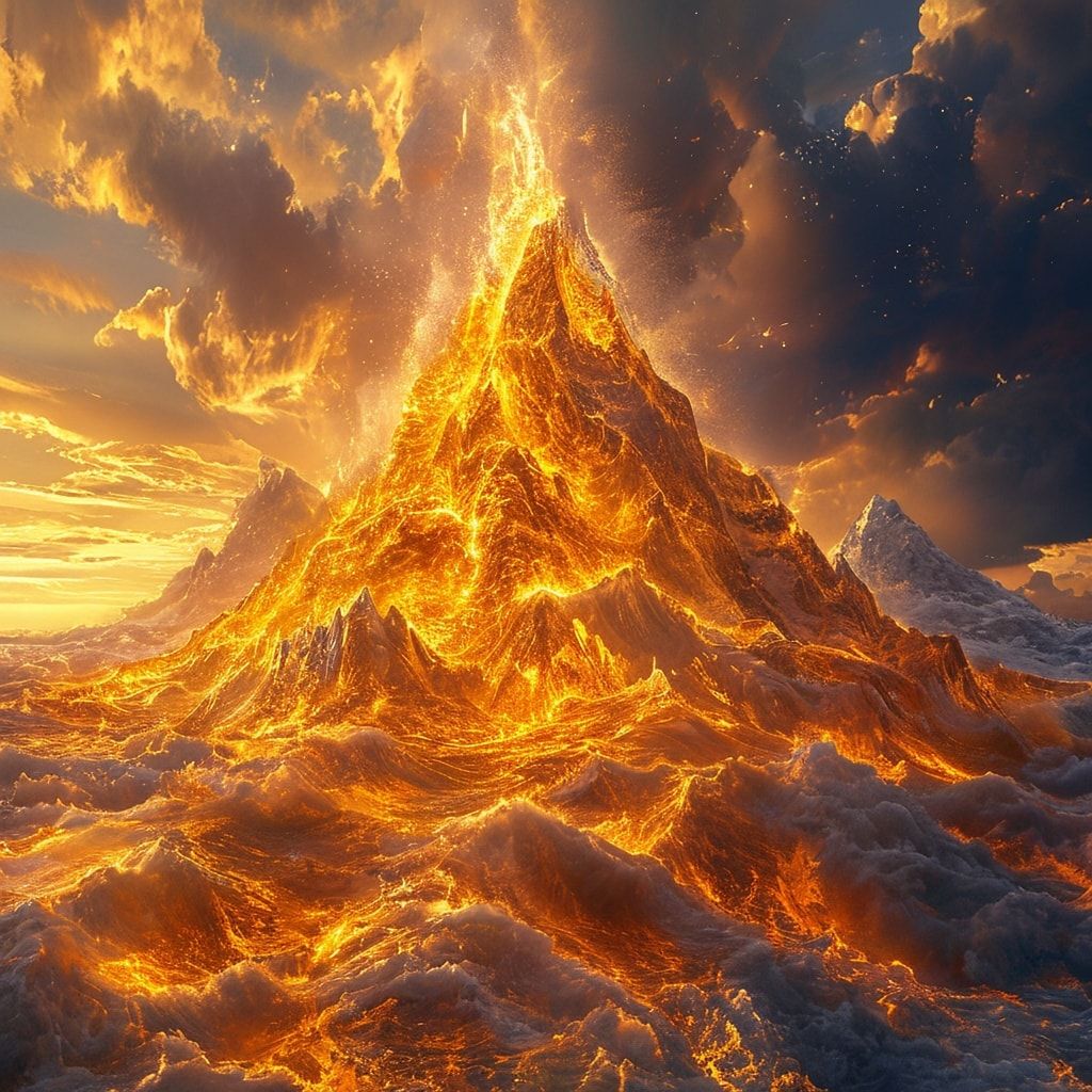 A solitary, razor-edged mountain peak erupts from a churning ocean of molten gold clouds at dawn, its frost-laden crest illuminated by an otherworldly radiance. The hyper-detailed 8K composition re...