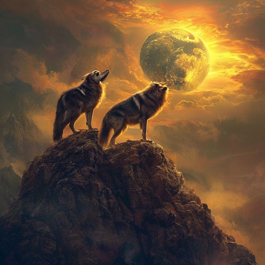 A majestic lone wolf stands atop a misty mountain ridge, head tilted back in a powerful howl under a glowing full moon, golden hour sunlight casting warm hues across the rugged landscape, vibrant a...