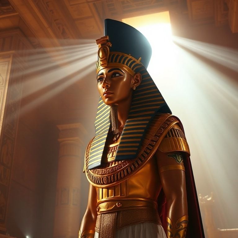 A majestic Egyptian pharaoh, adorned in golden regalia and a towering nemes headdress, stands in contemplation within the grand chamber of an ancient pyramid, bathed in soft, ethereal light filteri...
